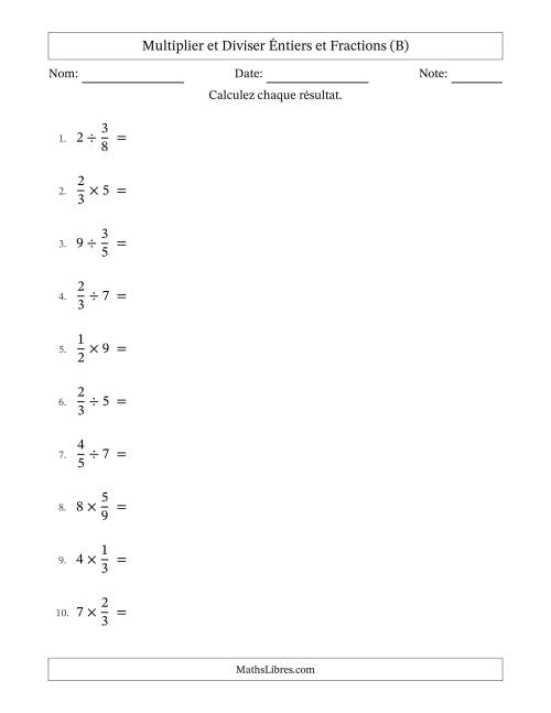 Multiplier et diviser fractions propres con nombres éntiers, et avec simplification dans quelques problèmes (B)