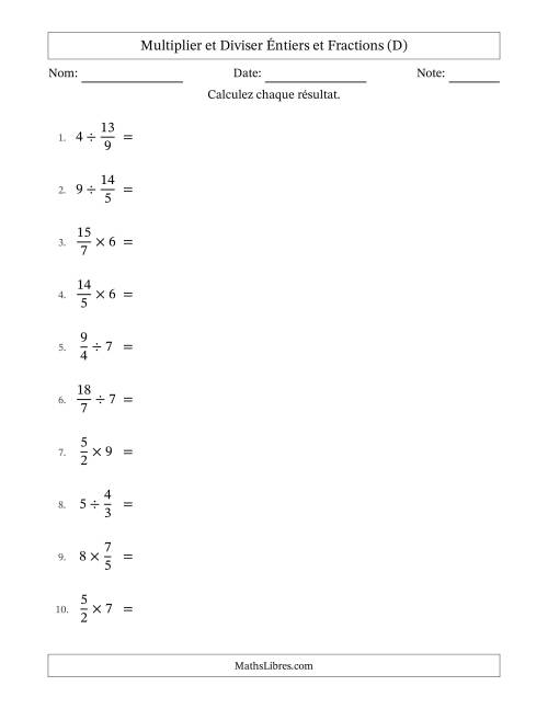 Multiplier et diviser Improper Fractions con nombres éntiers, et sans simplification (D)