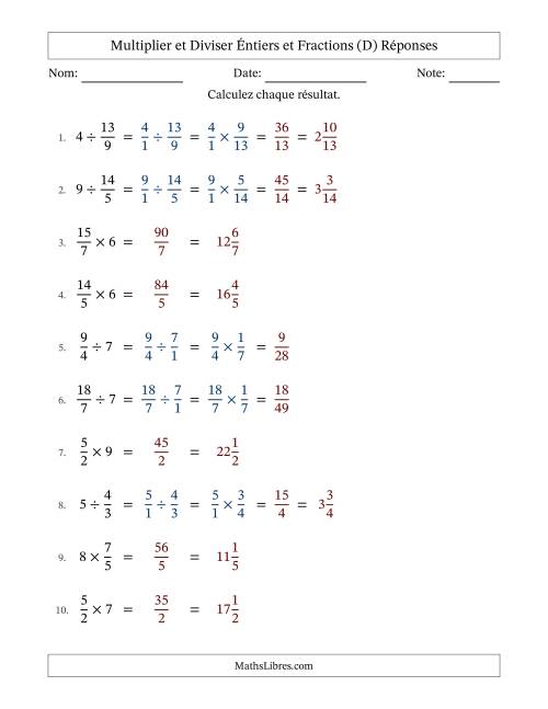 Multiplier et diviser Improper Fractions con nombres éntiers, et sans simplification (D) page 2