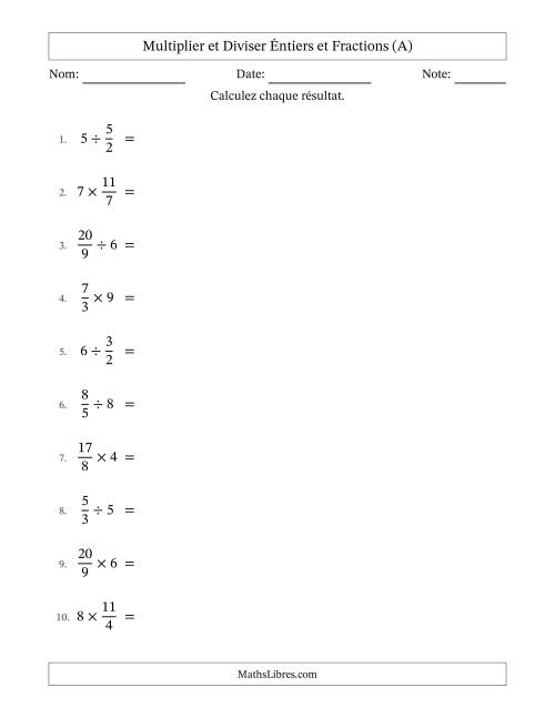 Multiplier et diviser Improper Fractions con nombres éntiers, et avec simplification dans tous les problèmes (A)