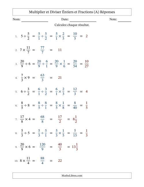 Multiplier et diviser Improper Fractions con nombres éntiers, et avec simplification dans tous les problèmes (A) page 2