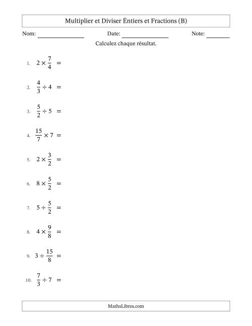 Multiplier et diviser Improper Fractions con nombres éntiers, et avec simplification dans tous les problèmes (B)