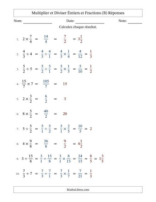 Multiplier et diviser Improper Fractions con nombres éntiers, et avec simplification dans tous les problèmes (B) page 2