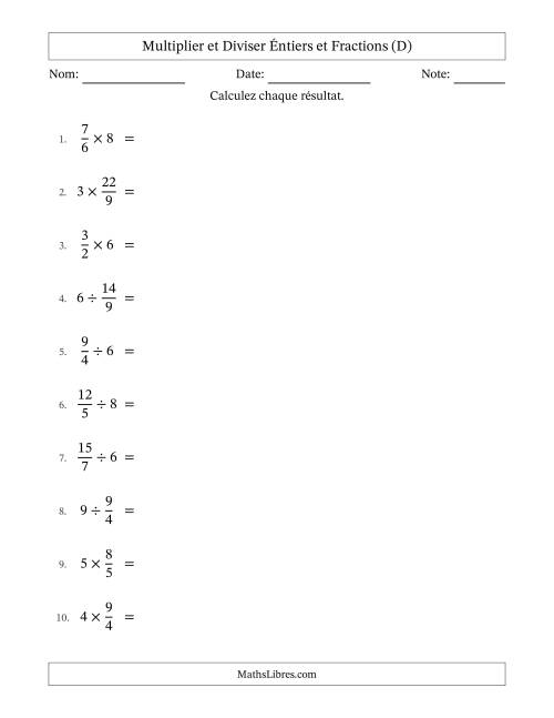 Multiplier et diviser Improper Fractions con nombres éntiers, et avec simplification dans tous les problèmes (D)