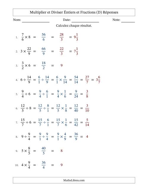 Multiplier et diviser Improper Fractions con nombres éntiers, et avec simplification dans tous les problèmes (D) page 2