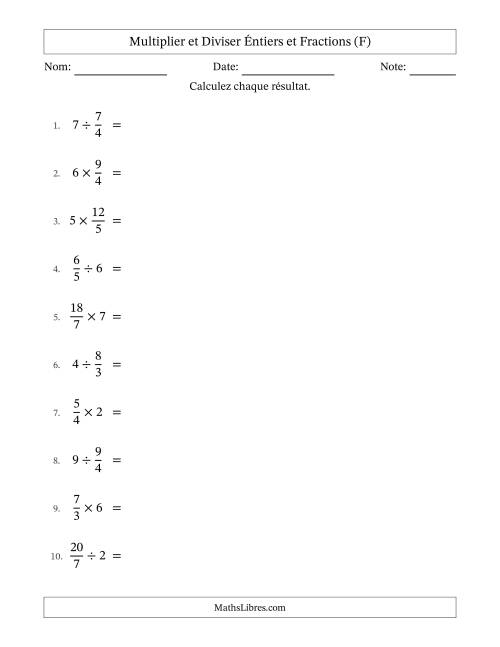 Multiplier et diviser Improper Fractions con nombres éntiers, et avec simplification dans tous les problèmes (F)
