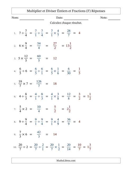 Multiplier et diviser Improper Fractions con nombres éntiers, et avec simplification dans tous les problèmes (F) page 2