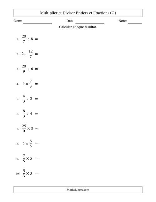 Multiplier et diviser Improper Fractions con nombres éntiers, et avec simplification dans tous les problèmes (G)