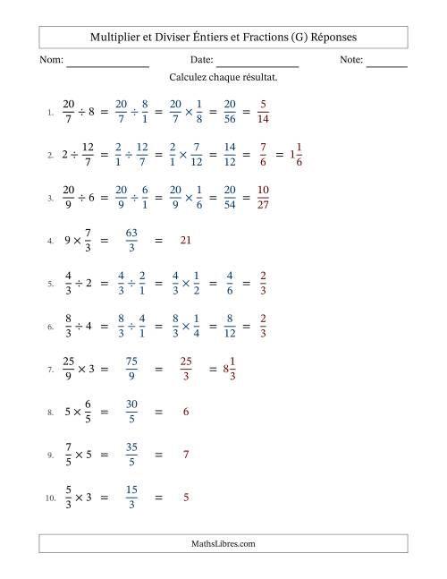 Multiplier et diviser Improper Fractions con nombres éntiers, et avec simplification dans tous les problèmes (G) page 2