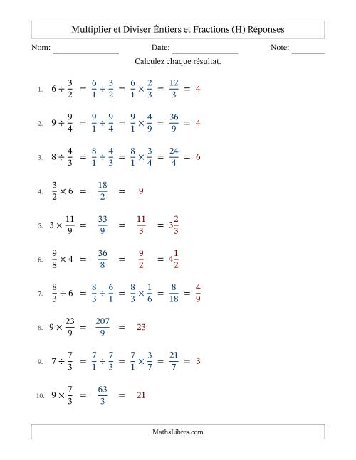 Multiplier et diviser Improper Fractions con nombres éntiers, et avec simplification dans tous les problèmes (H) page 2