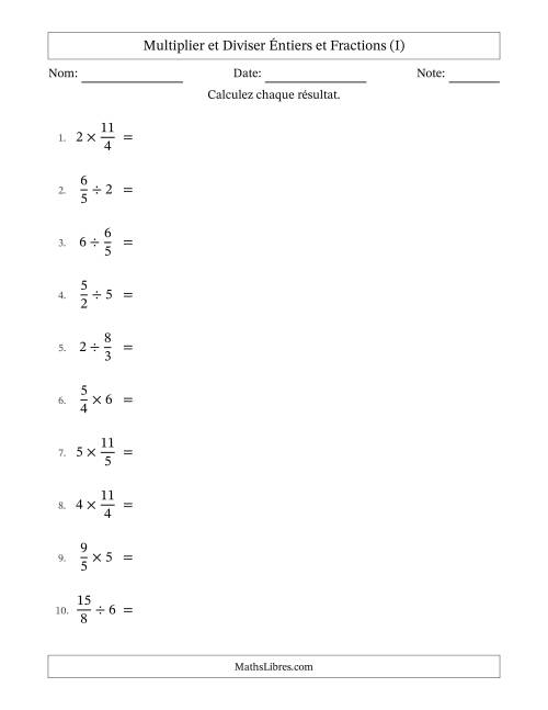 Multiplier et diviser Improper Fractions con nombres éntiers, et avec simplification dans tous les problèmes (I)