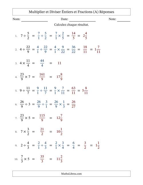 Multiplier et diviser Improper Fractions con nombres éntiers, et avec simplification dans quelques problèmes (A) page 2