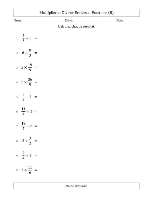 Multiplier et diviser Improper Fractions con nombres éntiers, et avec simplification dans quelques problèmes (B)