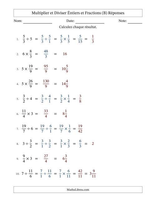 Multiplier et diviser Improper Fractions con nombres éntiers, et avec simplification dans quelques problèmes (B) page 2