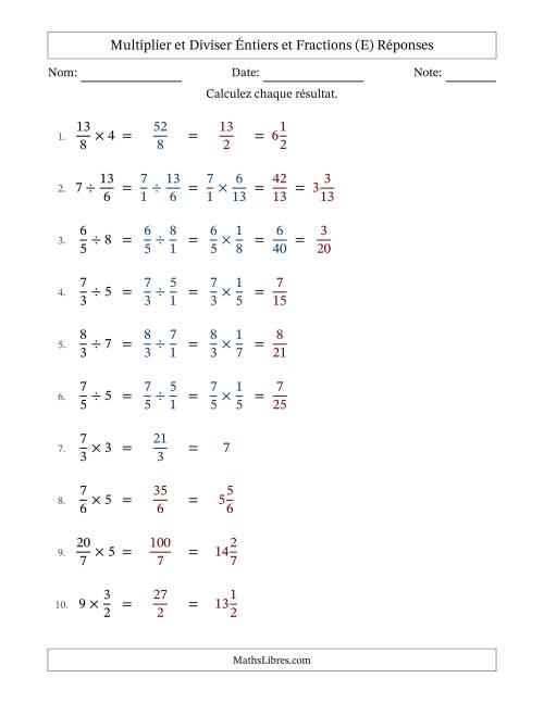 Multiplier et diviser Improper Fractions con nombres éntiers, et avec simplification dans quelques problèmes (E) page 2