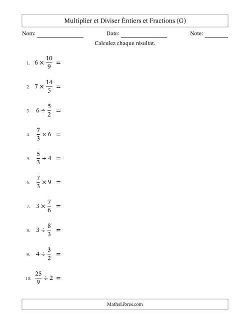 Multiplier et diviser Improper Fractions con nombres éntiers, et avec simplification dans quelques problèmes (G)