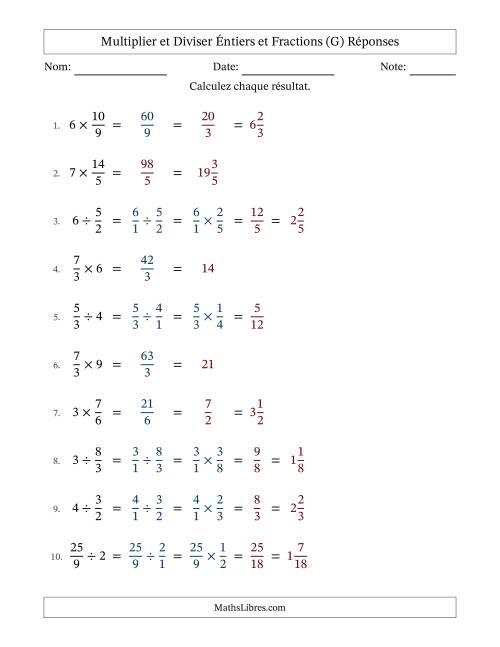 Multiplier et diviser Improper Fractions con nombres éntiers, et avec simplification dans quelques problèmes (G) page 2