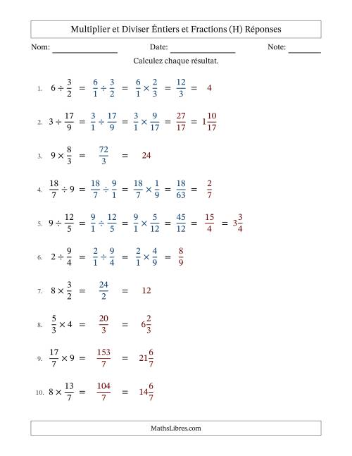 Multiplier et diviser Improper Fractions con nombres éntiers, et avec simplification dans quelques problèmes (H) page 2