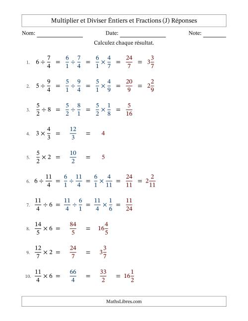 Multiplier et diviser Improper Fractions con nombres éntiers, et avec simplification dans quelques problèmes (J) page 2