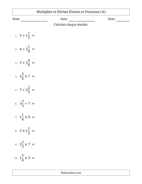 Multiplier et diviser fractions mixtes con nombres éntiers, et sans simplification (A)