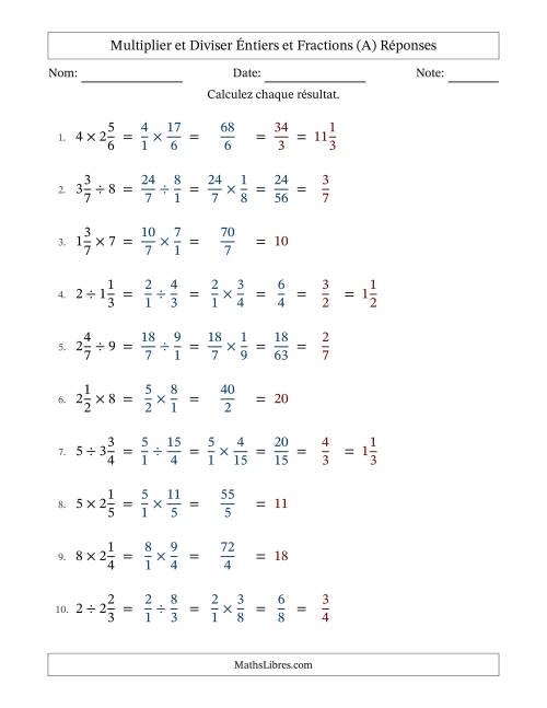 Multiplier et diviser fractions mixtes con nombres éntiers, et avec simplification dans tous les problèmes (A) page 2