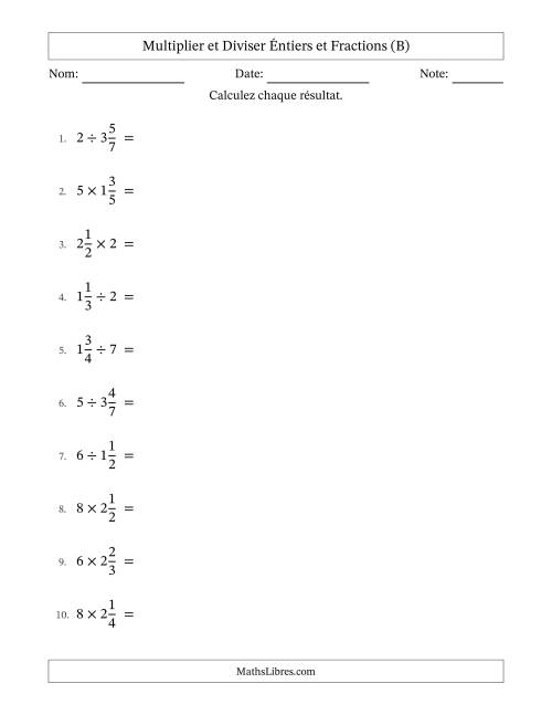 Multiplier et diviser fractions mixtes con nombres éntiers, et avec simplification dans tous les problèmes (B)