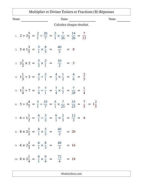 Multiplier et diviser fractions mixtes con nombres éntiers, et avec simplification dans tous les problèmes (B) page 2