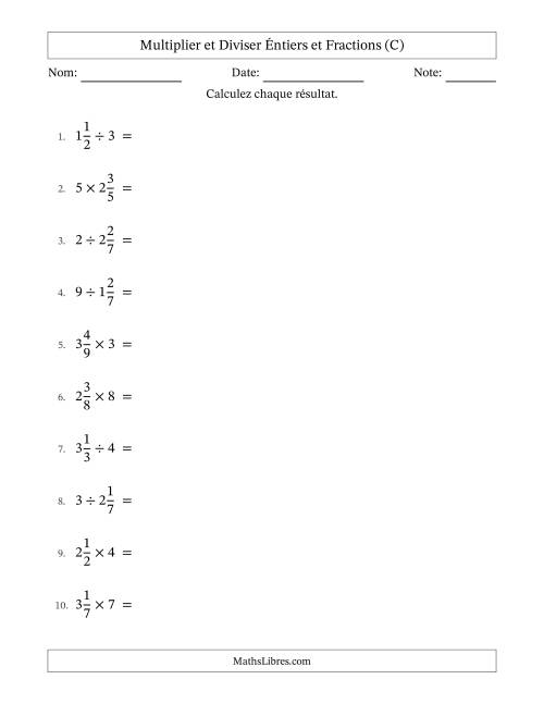 Multiplier et diviser fractions mixtes con nombres éntiers, et avec simplification dans tous les problèmes (C)