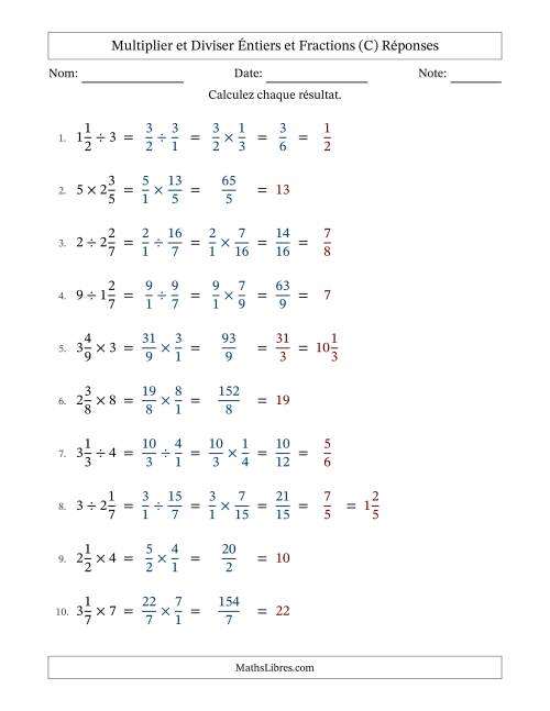Multiplier et diviser fractions mixtes con nombres éntiers, et avec simplification dans tous les problèmes (C) page 2