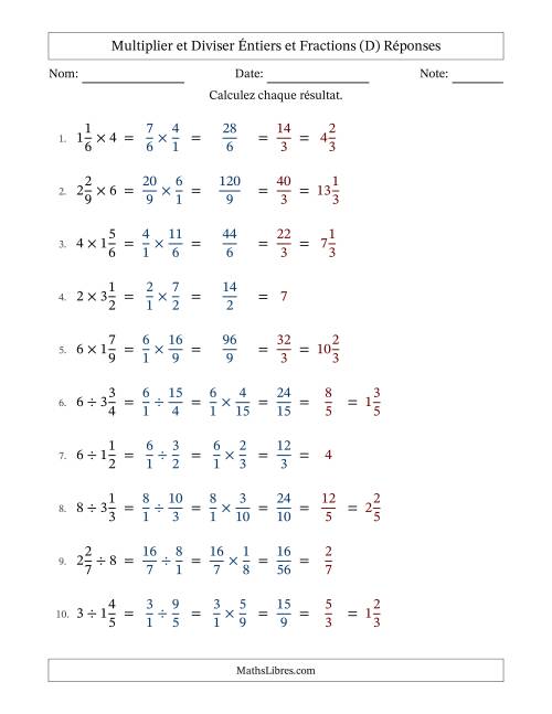 Multiplier et diviser fractions mixtes con nombres éntiers, et avec simplification dans tous les problèmes (D) page 2