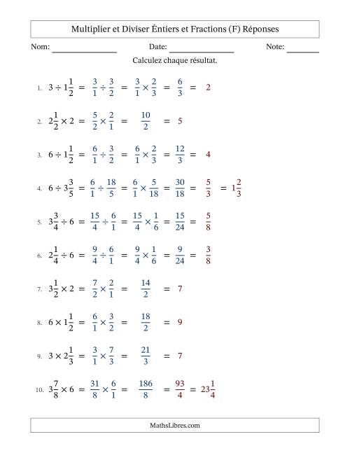Multiplier et diviser fractions mixtes con nombres éntiers, et avec simplification dans tous les problèmes (F) page 2