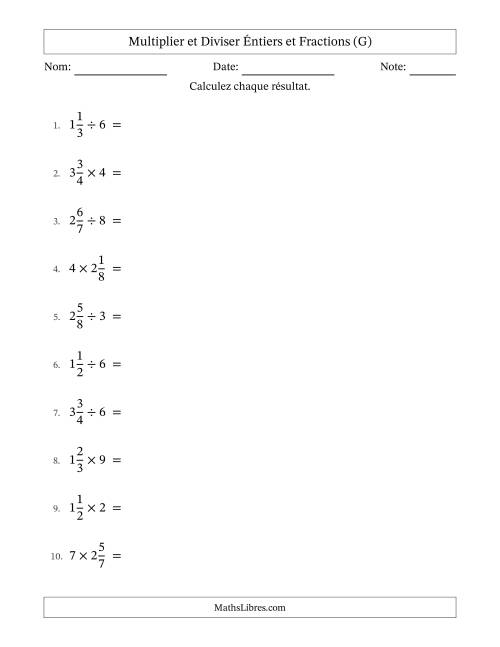 Multiplier et diviser fractions mixtes con nombres éntiers, et avec simplification dans tous les problèmes (G)