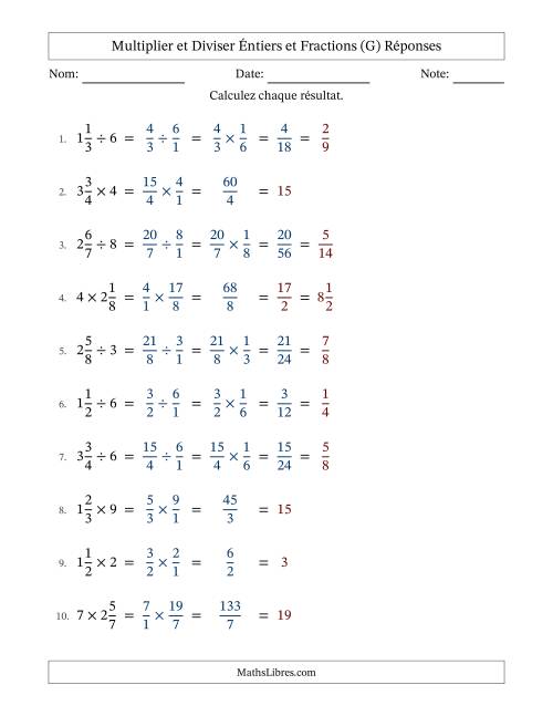 Multiplier et diviser fractions mixtes con nombres éntiers, et avec simplification dans tous les problèmes (G) page 2