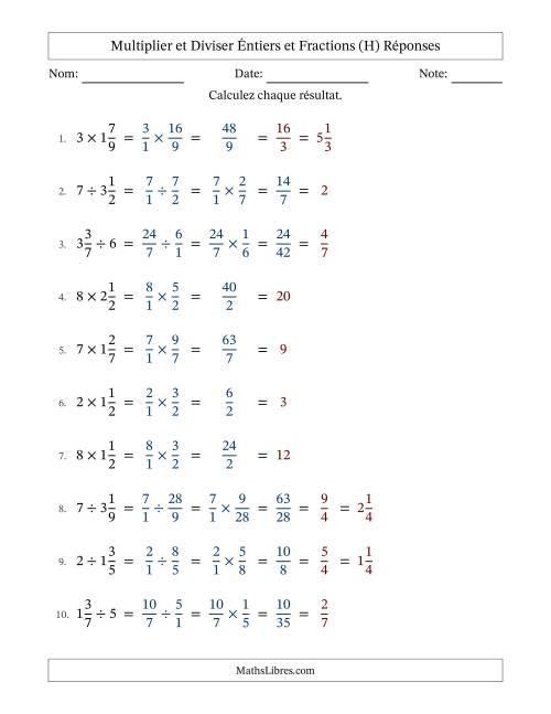 Multiplier et diviser fractions mixtes con nombres éntiers, et avec simplification dans tous les problèmes (H) page 2