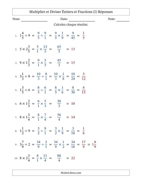 Multiplier et diviser fractions mixtes con nombres éntiers, et avec simplification dans tous les problèmes (I) page 2