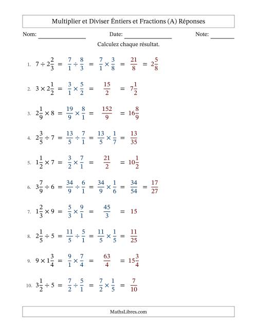 Multiplier et diviser fractions mixtes con nombres éntiers, et avec simplification dans quelques problèmes (A) page 2