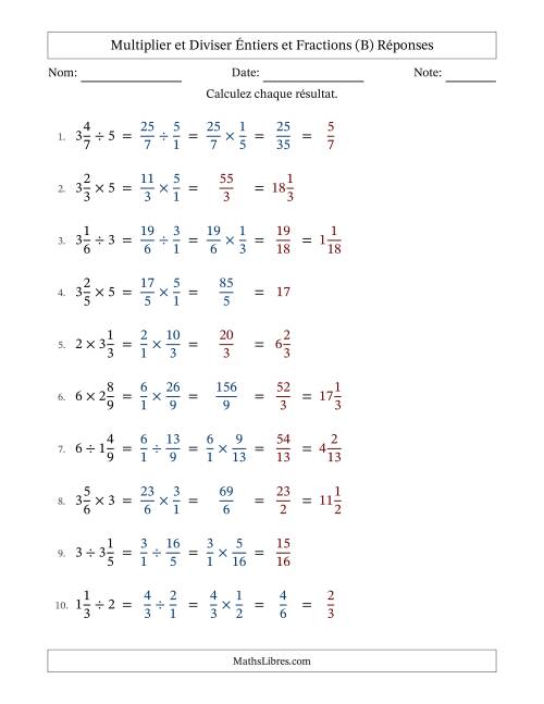 Multiplier et diviser fractions mixtes con nombres éntiers, et avec simplification dans quelques problèmes (B) page 2