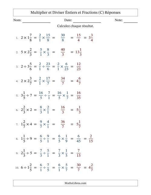 Multiplier et diviser fractions mixtes con nombres éntiers, et avec simplification dans quelques problèmes (C) page 2
