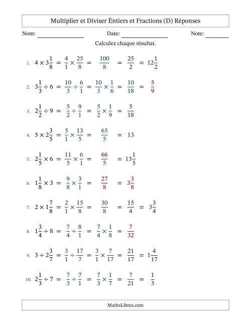 Multiplier et diviser fractions mixtes con nombres éntiers, et avec simplification dans quelques problèmes (D) page 2