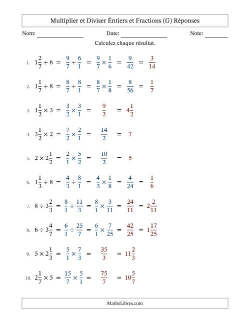 Multiplier et diviser fractions mixtes con nombres éntiers, et avec simplification dans quelques problèmes (G) page 2