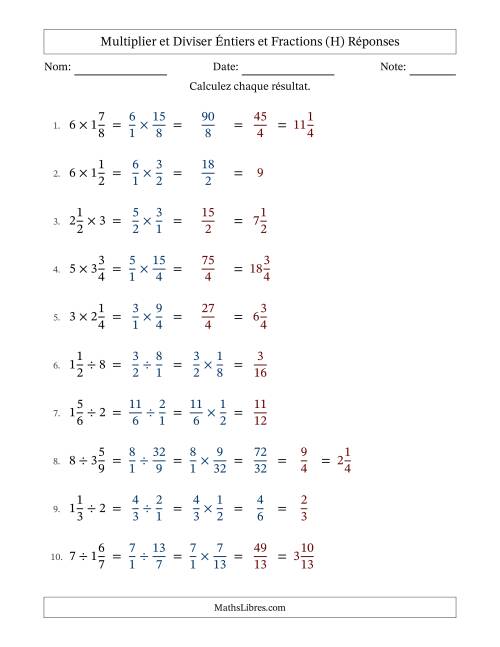 Multiplier et diviser fractions mixtes con nombres éntiers, et avec simplification dans quelques problèmes (H) page 2