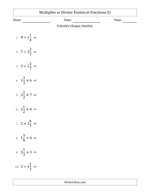 Multiplier et diviser fractions mixtes con nombres éntiers, et avec simplification dans quelques problèmes (I)