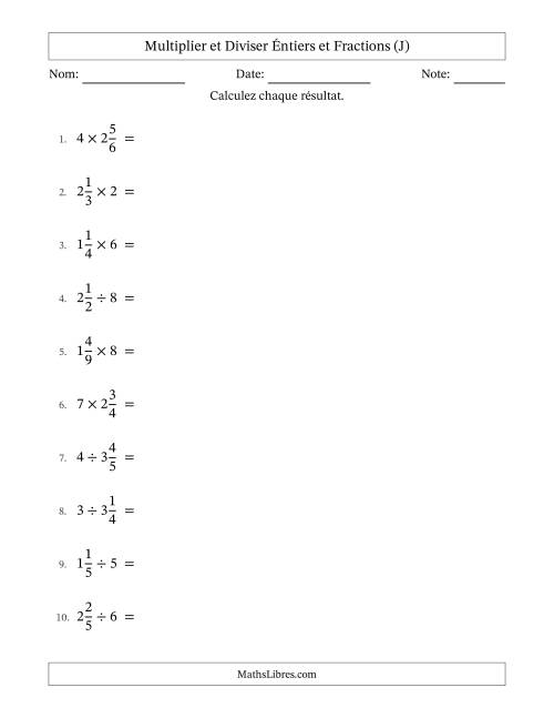 Multiplier et diviser fractions mixtes con nombres éntiers, et avec simplification dans quelques problèmes (J)