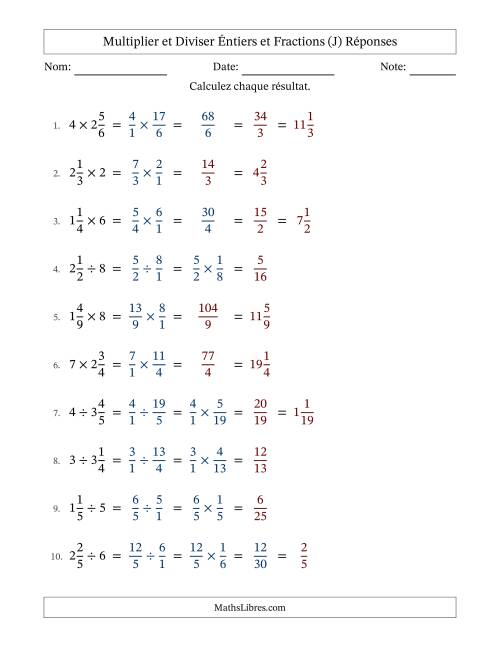Multiplier et diviser fractions mixtes con nombres éntiers, et avec simplification dans quelques problèmes (J) page 2
