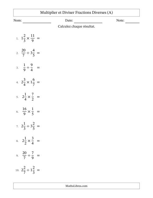 Multiplier et diviser fractions propres, impropres et mixtes, et sans simplification (A)