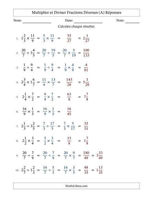 Multiplier et diviser fractions propres, impropres et mixtes, et sans simplification (A) page 2