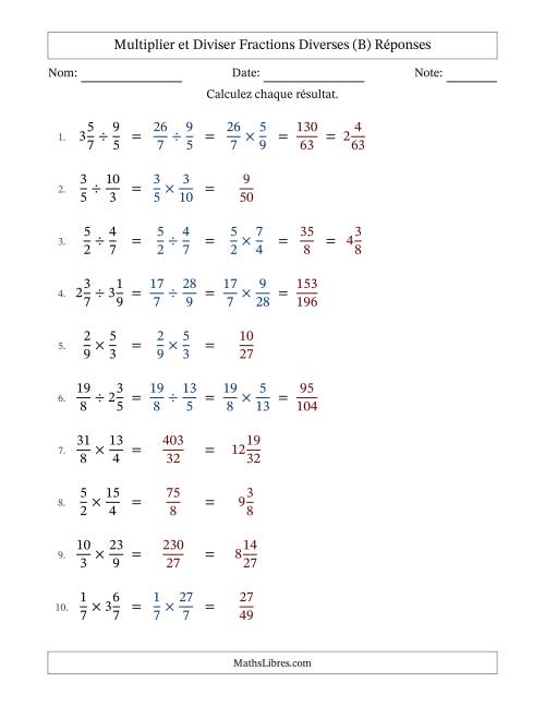 Multiplier et diviser fractions propres, impropres et mixtes, et sans simplification (B) page 2