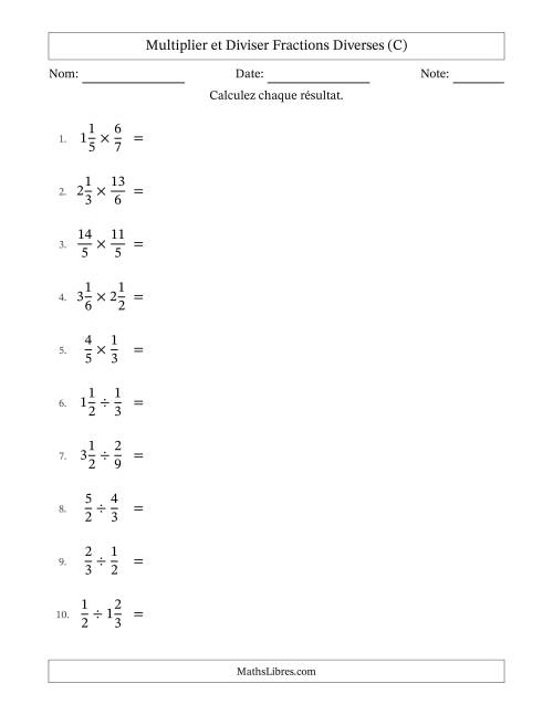 Multiplier et diviser fractions propres, impropres et mixtes, et sans simplification (C)