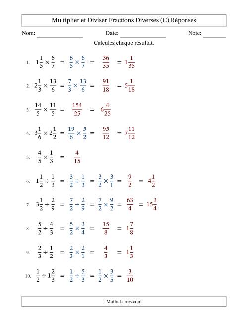 Multiplier et diviser fractions propres, impropres et mixtes, et sans simplification (C) page 2