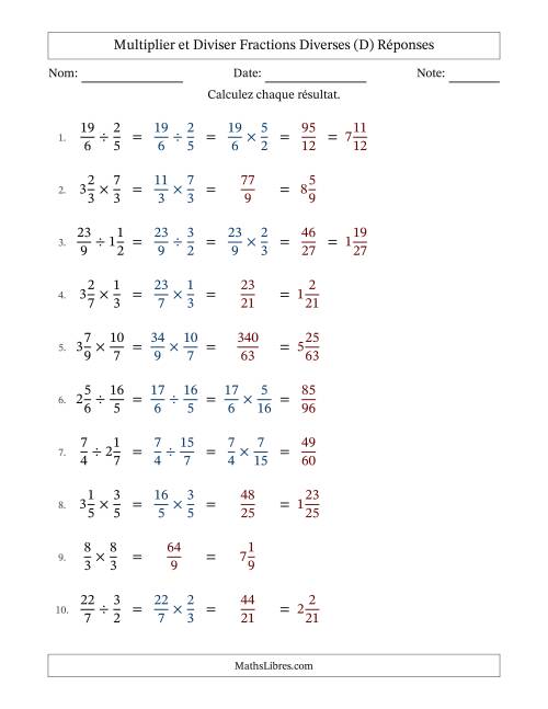 Multiplier et diviser fractions propres, impropres et mixtes, et sans simplification (D) page 2